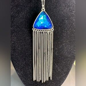Vintage Art Deco 36” Silver w/Trillion-Cut Electric Blue Zircon Pendant Necklace